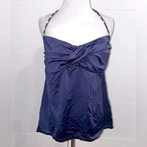 Charcoal gray tankini top. Halter top with olive green and white polka dots